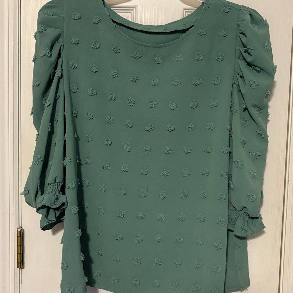Green Textured Blouse with Puff Sleeves